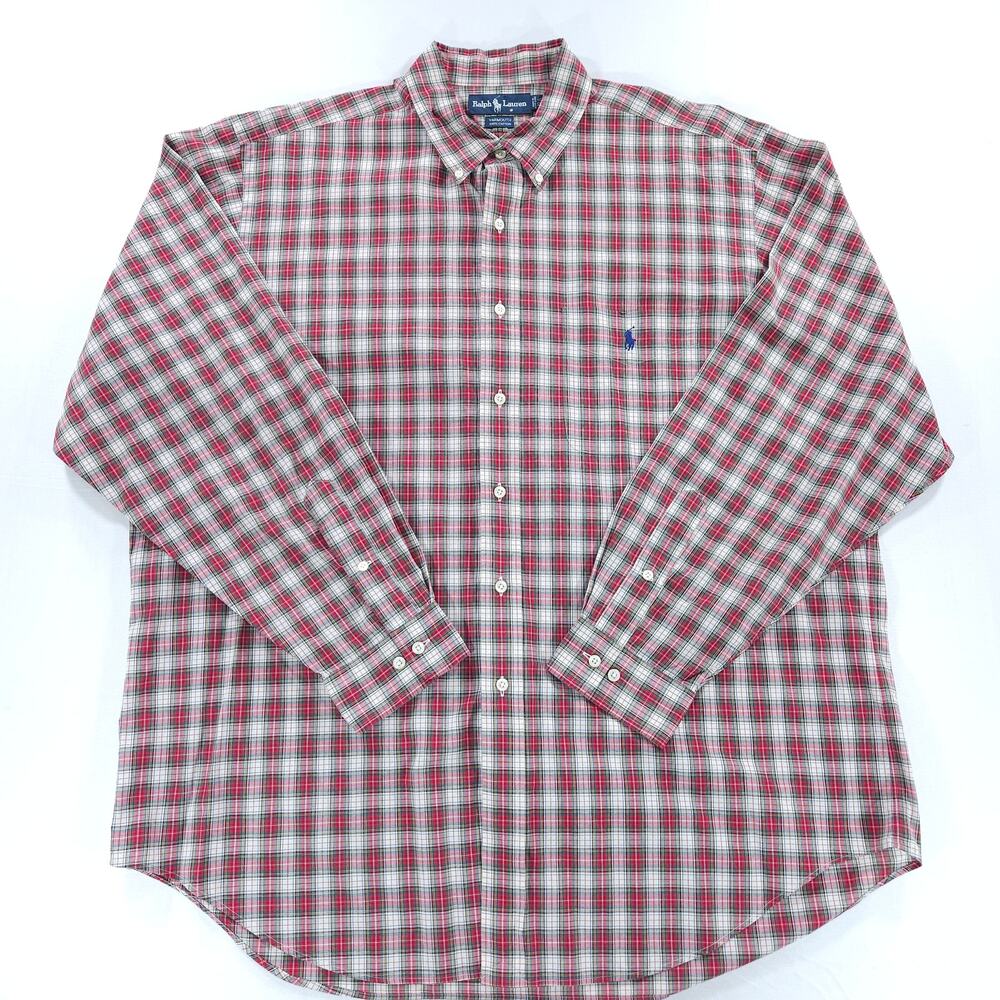 Ralph Lauren Yarmouth Plaid Button Down Shirt Mens 17.5 Red Green Vintage Cotton